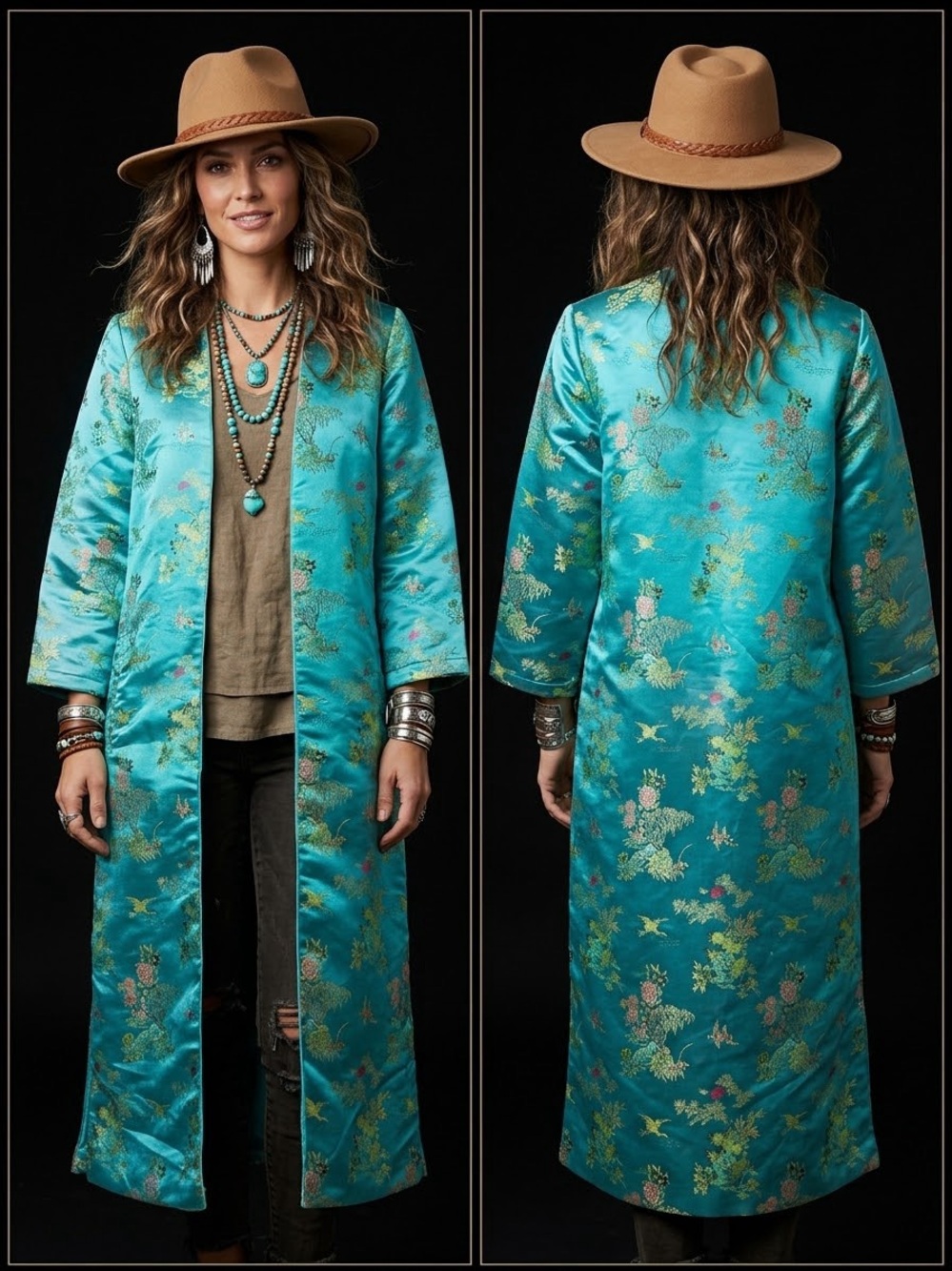 Free People Turquoise Floral Satin Longline Duster